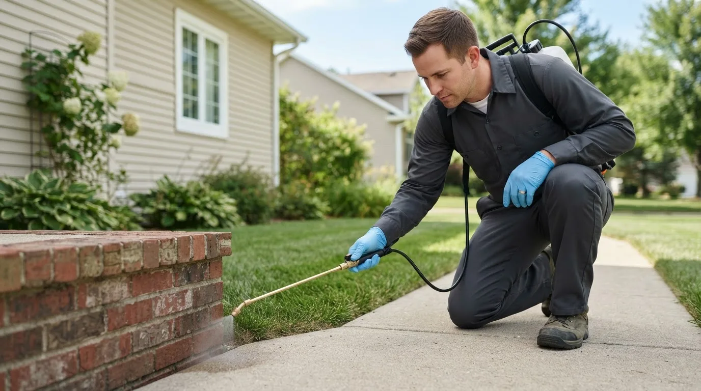 Pest control technician treating a home near Noonan, ND