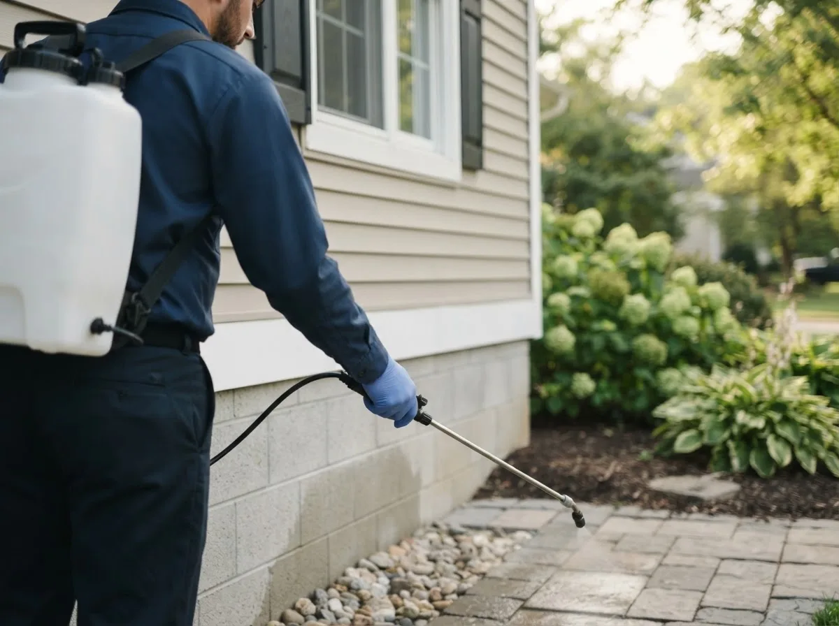 Pest control technician inspecting a home in Noonan, ND
